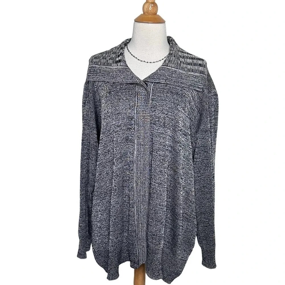 Misook Cardigan Sweater XL‎ Gray Marled Space Dye Shawl Collar Open Front Korea